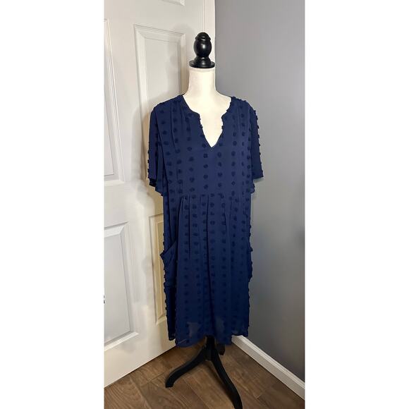 Jodifl Navy blue V-Neck Lined Swiss Dot Dress 3x plus Short Sleeve - Picture 4 of 6